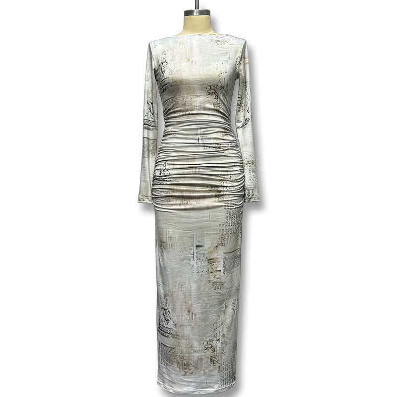 Printed Long Sleeve Round Neck Tight Dress