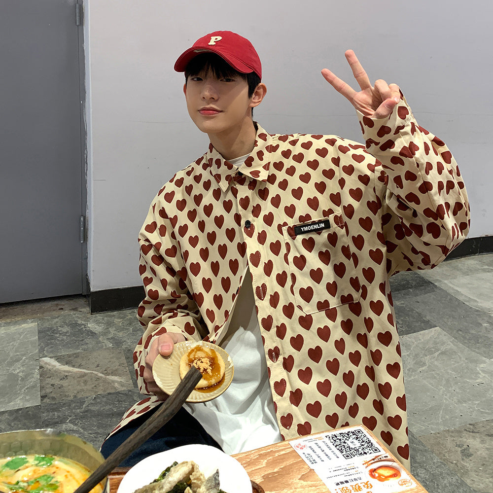 Camicia a maniche lunghe con stampa a cuore, ampia e casual