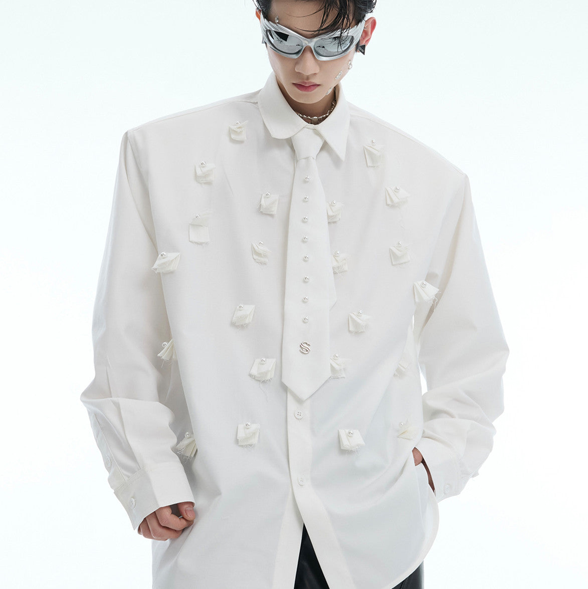 Niche Pearl Embellished Padded Shoulder Shirt Men's Tie Stitching Loose Cardigan