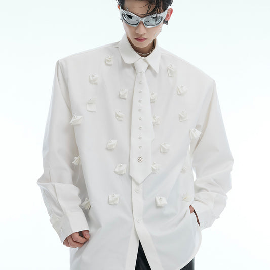 Niche Pearl Embellished Padded Shoulder Shirt Men's Tie Stitching Loose Cardigan