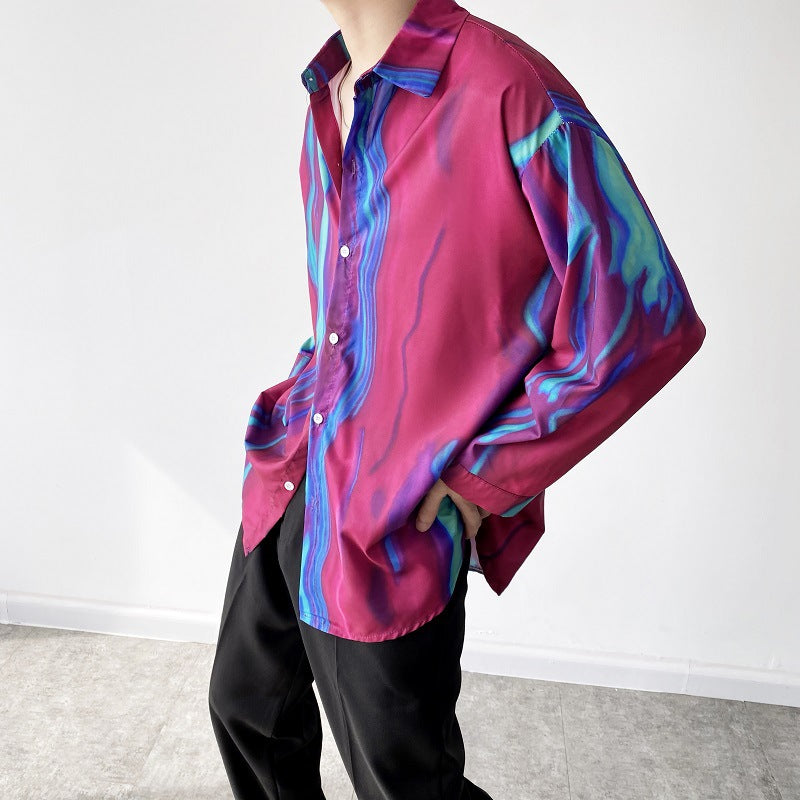 Red And Blue Contrast Print Loose Shirt