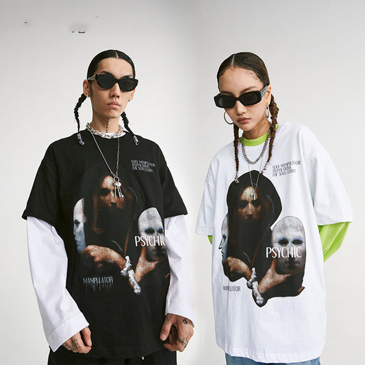 Personalized Dark Mask Print Top High Street Retro Lazy Style Short Sleeves