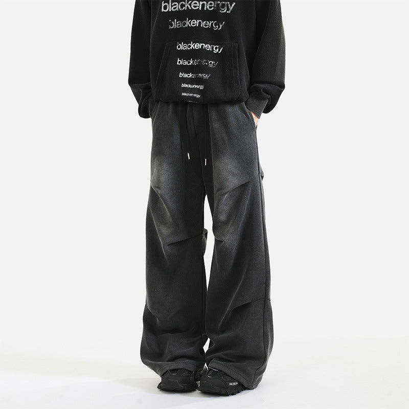 Pantalon de survêtement délavé américain pour hommes, design plissé, pantalon droit ample