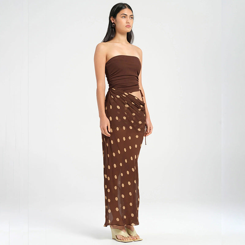 Style Tube Top Hollow-out Dot Mesh Slim-fit Jumpsuit Long Dress For Women