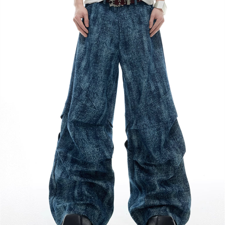 Niche Pleated Texture Straight Loose Jeans Stitching Trousers