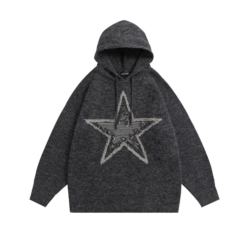 Hooded Knit Sweater Five Pointed Star Jacquard