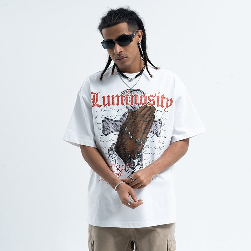 T-shirt ample à manches courtes et imprimé croix vintage pour homme