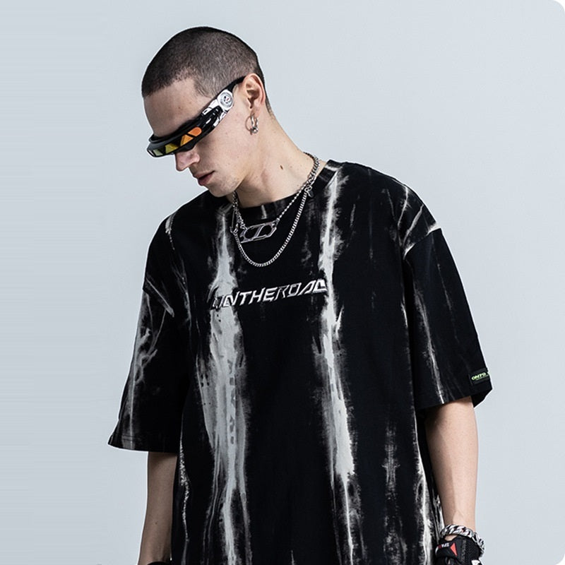 Short-sleeved T-shirt With Tie-dye Metal Three-dimensional Lettering