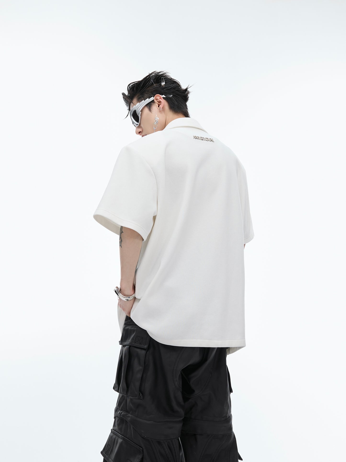 V-neck Short-sleeved Shirt Metal Embellished Loose Top