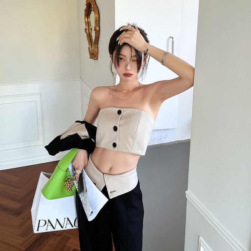 Women's Fashion Tube Top Contrast Color Long Sleeve Suit Wide Leg Pants Set