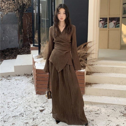 Collar Pleated Cardigan Top Loose High Waist Skirt Slim Fit Slimming Suit Autumn