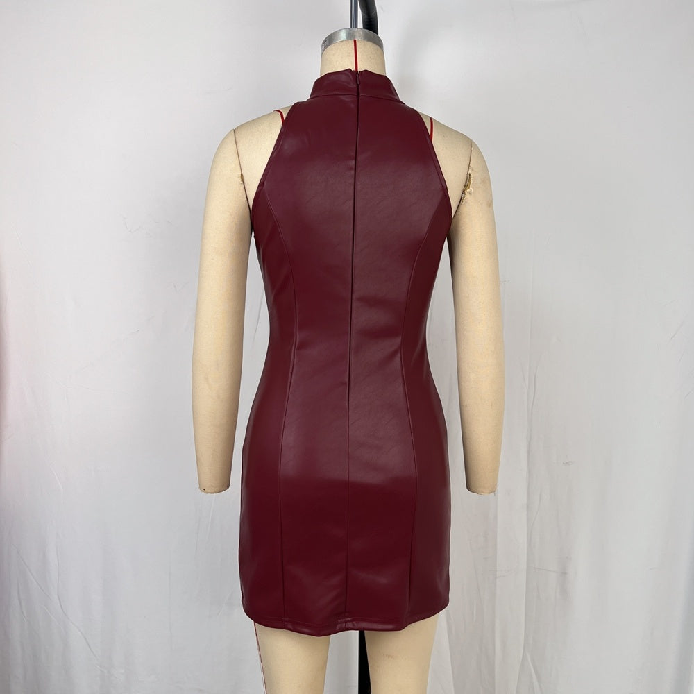 Stand Collar PU Leather Slim Sleeveless Mini Dress