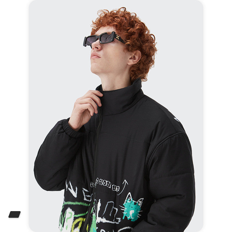 Loose And Graffiti Zipper Men Cotton Jacket