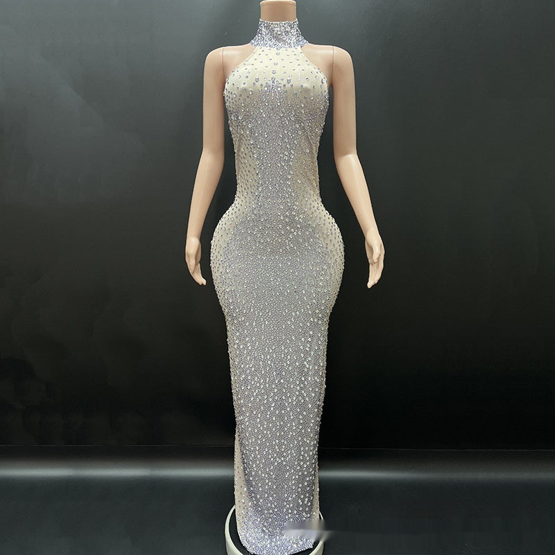 Silver Sparkling Rhinestone Dress For Socialites Birthdays