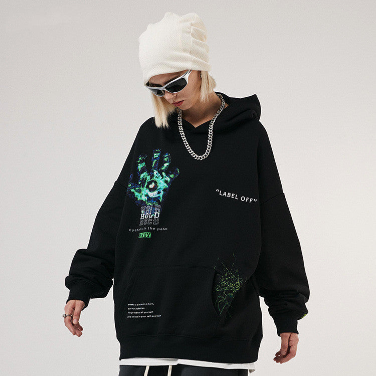 Letter Print Loose Hooded Fleece Sweatshirt