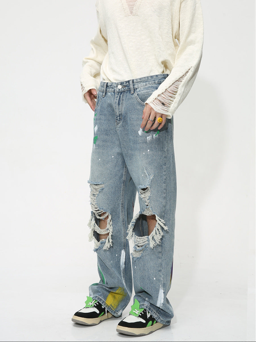 Men's Summer Loose Hole Graffiti Denim Trousers
