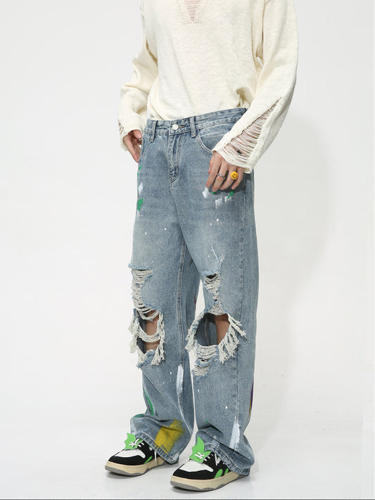 Men's Summer Loose Hole Graffiti Denim Trousers