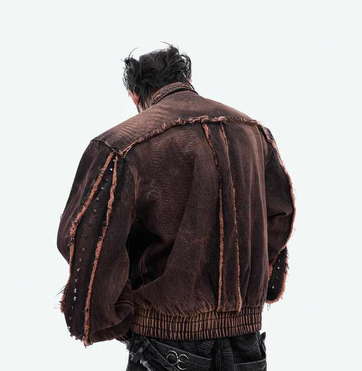 Niche Retro Distressed Deconstruction Padded Shoulder Denim Coat