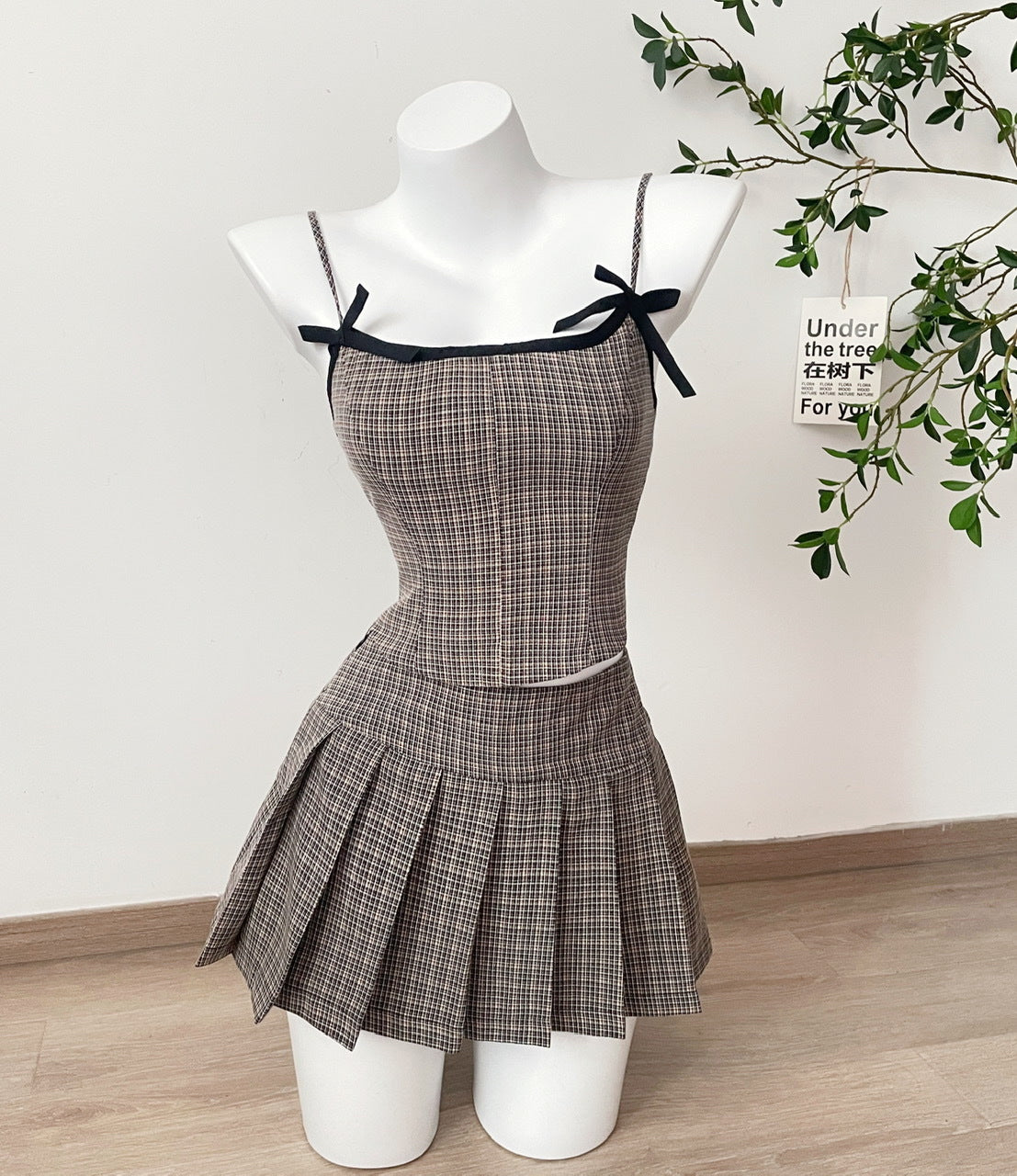 Bow Plaid Contrast Color Slim Fit Slip Dress Suit