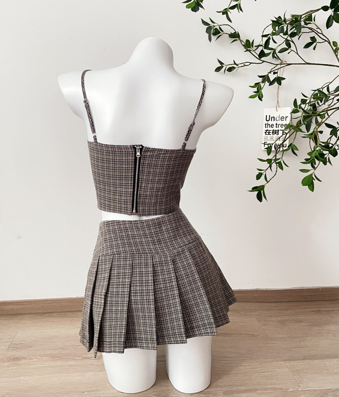 Bow Plaid Contrast Color Slim Fit Slip Dress Suit