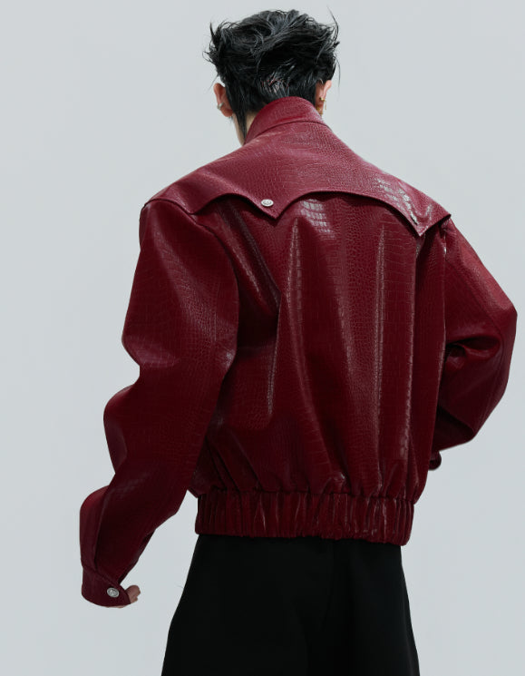 Scale Short Jacket Stand Collar Horse Hair Stitching Heavy Design Leather Coat