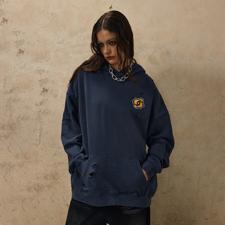 Sweat à capuche décontracté et usé, délavé et usé, assorti à tout