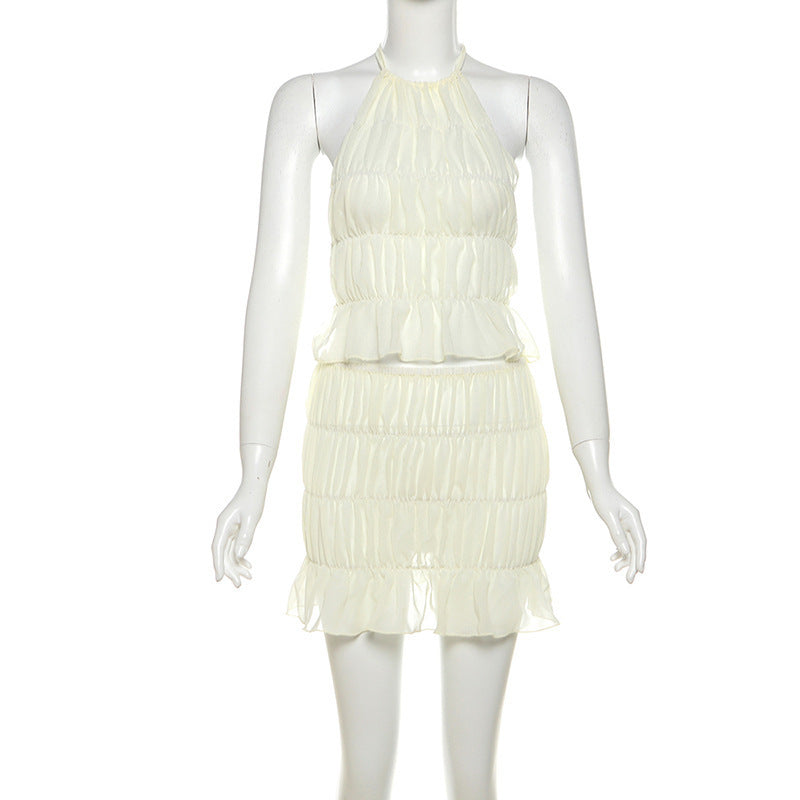 Pleated Bare Back Lace-up Sling Flounce Skirt Two-piece Set