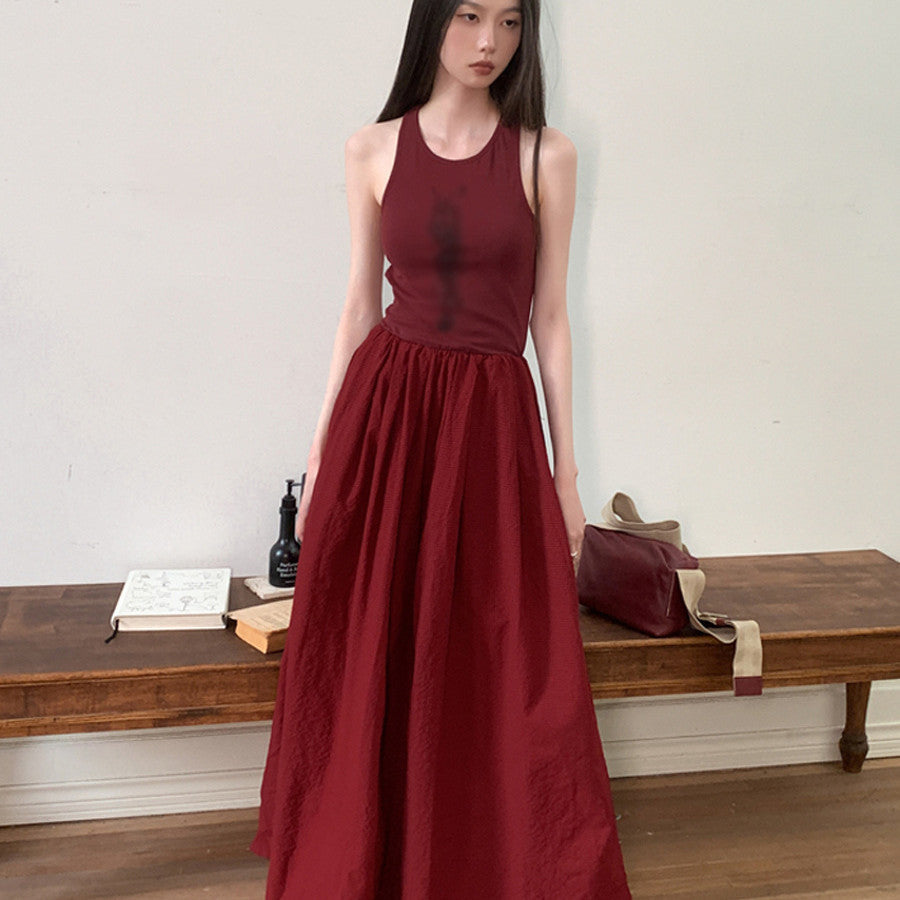 Retro Printed Backless High Waist Large Swing Skirt