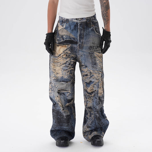 3D Digital Printing Ripped Graffiti Straight Jeans