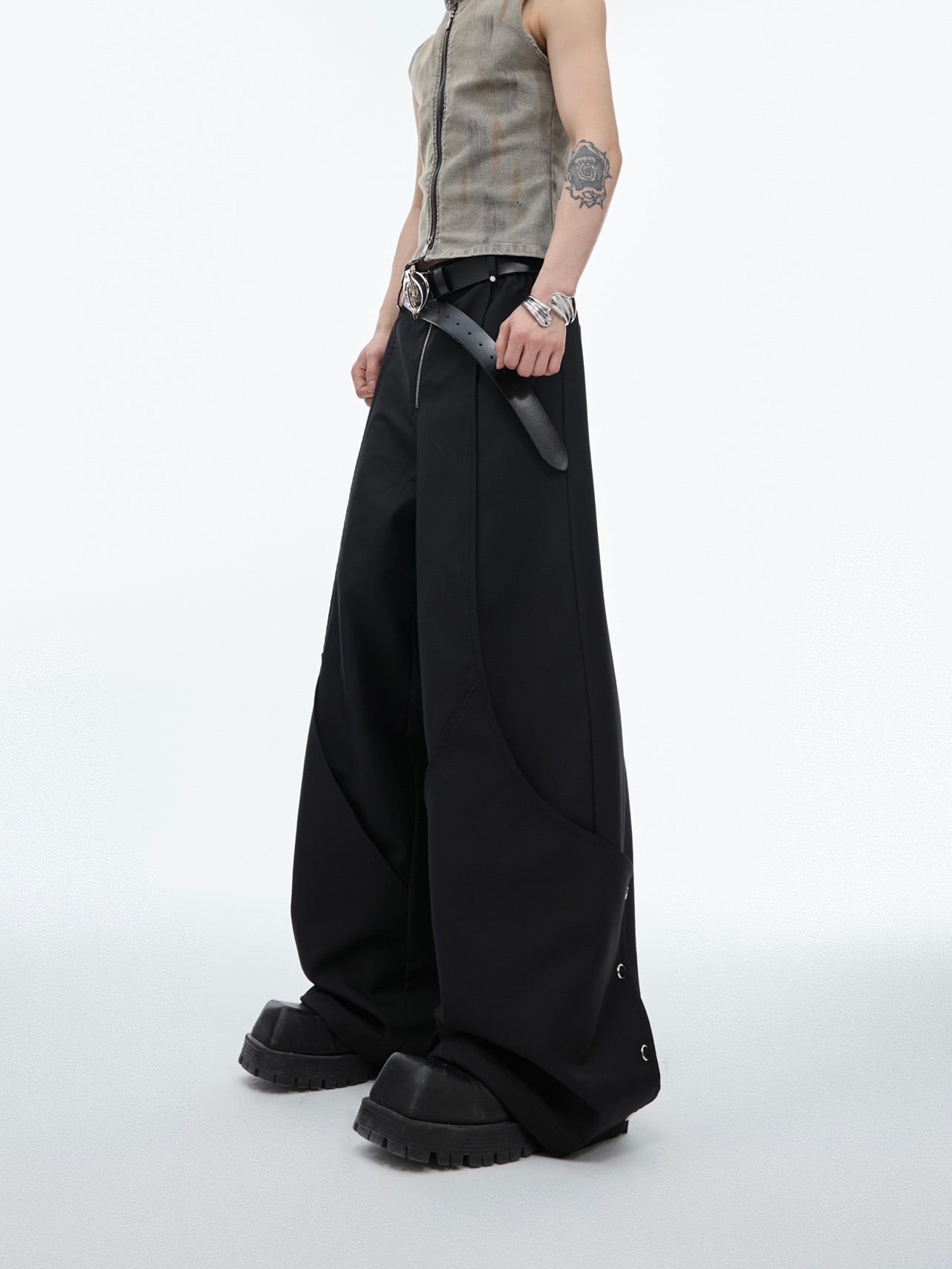 Double-layer Stitching Suit Pants Metal Button Design Casual Pants
