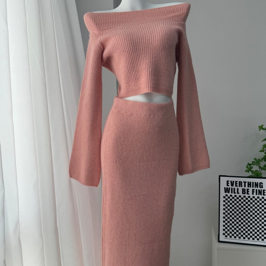 Ensemble pull épaules dénudées haut de gamme pour femme, sac et jupe taille basse