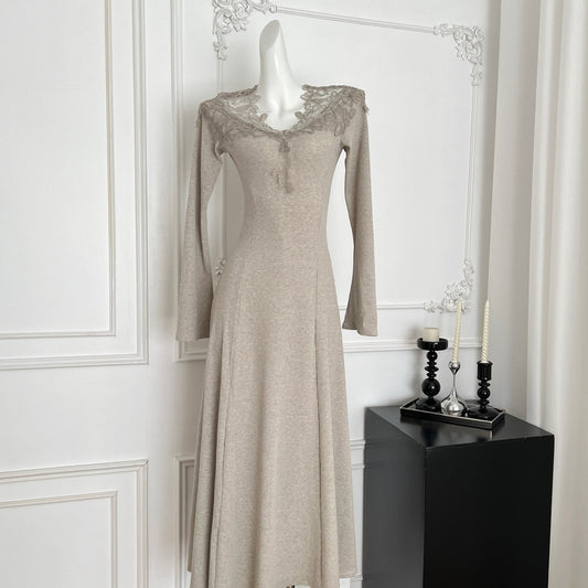 Womens Fashion Lace-Trim Knitted Long-Sleeve Dress