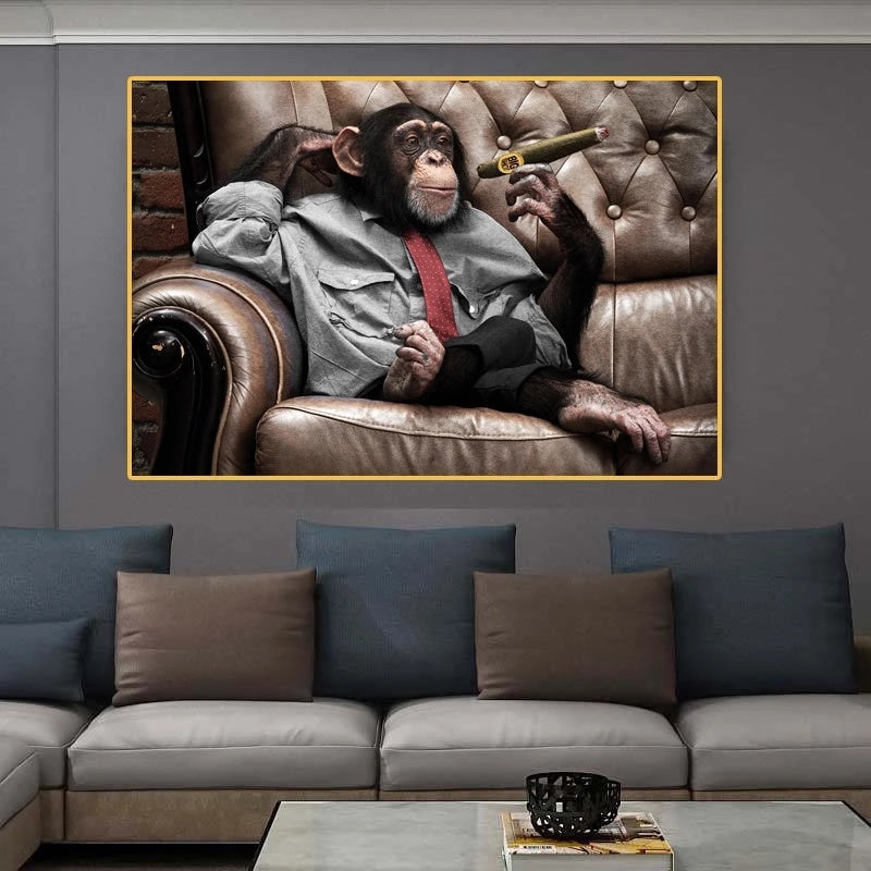 There Is A Canvas Wall Painting Of A Gorilla Monkey On The Sofa