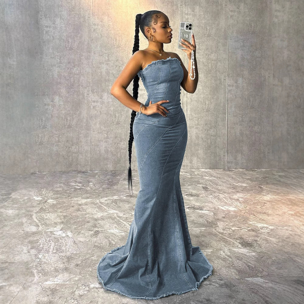 Fashion Slim-fit Chest Wrap Dress Fishtail Hip Wrap Denim Dress