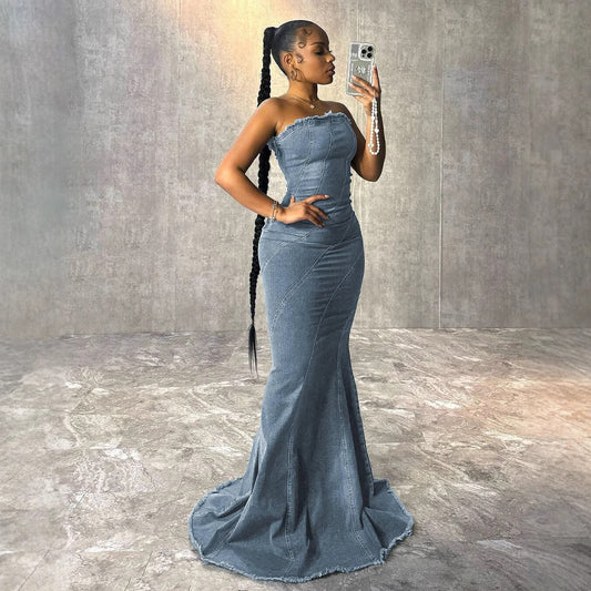 Fashion Slim-fit Chest Wrap Dress Fishtail Hip Wrap Denim Dress