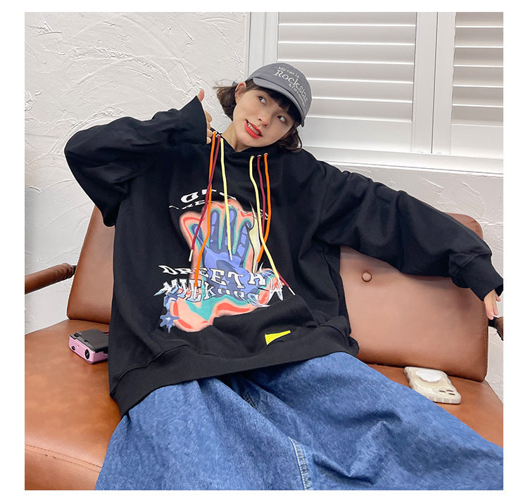 Loose Bf Street Vintage Palm Print Hoodie