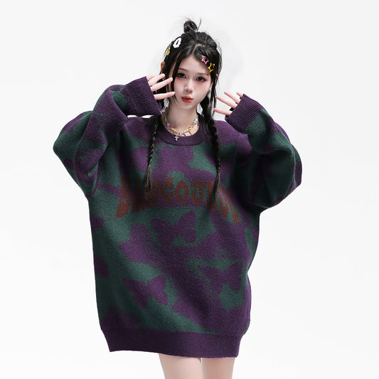 Full Printed Butterfly Design Sense Niche Round Neck Sweater