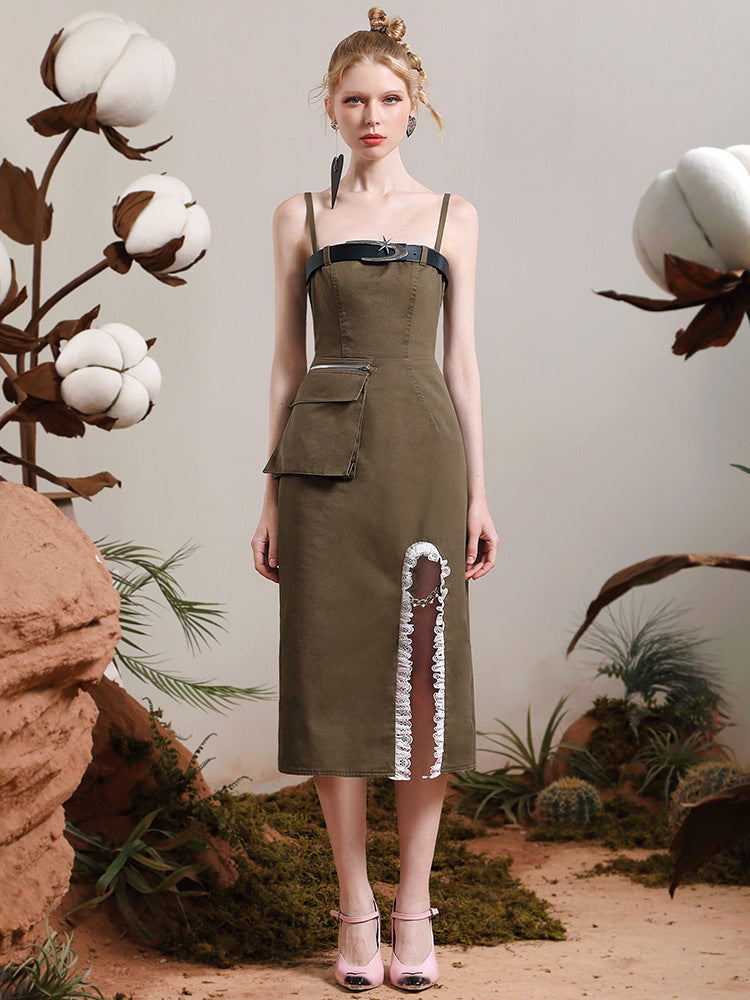 Jupe à bretelles en jean rétro