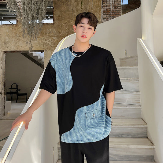 Fashion Denim Panel Short Sleeve T-Shirt