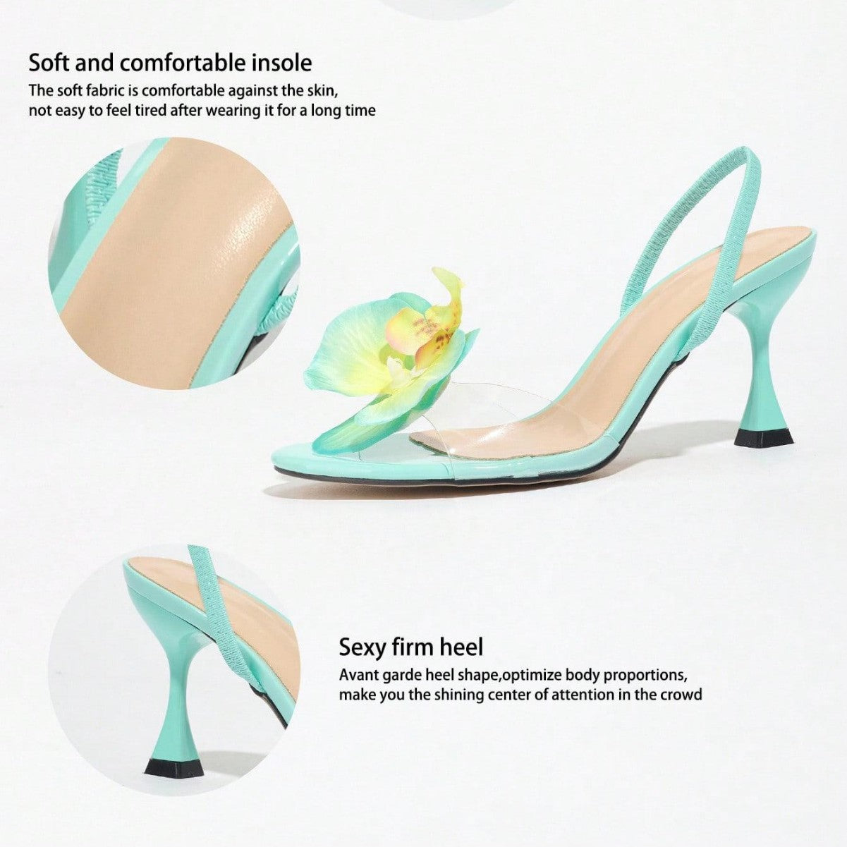 Round Toe Three-dimensional Flower Back Strap Stiletto Heel Sandals