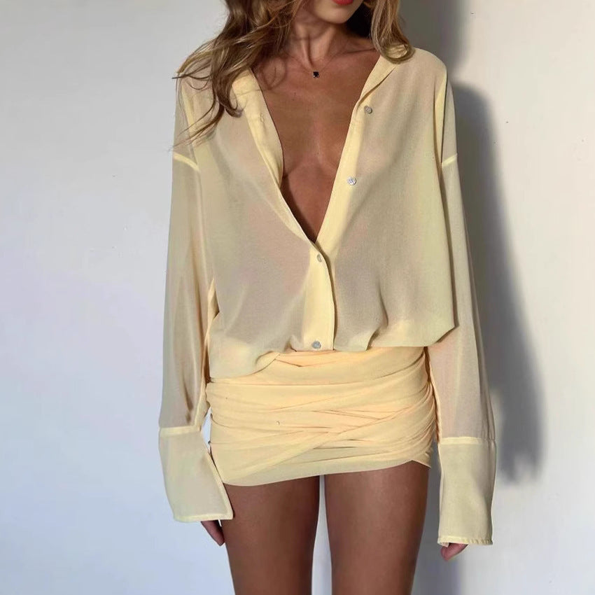 Spring New Elegant Sexy Lapel Slim-fit Sheath Lace-up Shirt Dress