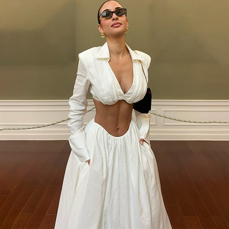 Solid-color Long-sleeve Backless Top And Bodycon Maxi Skirt Set