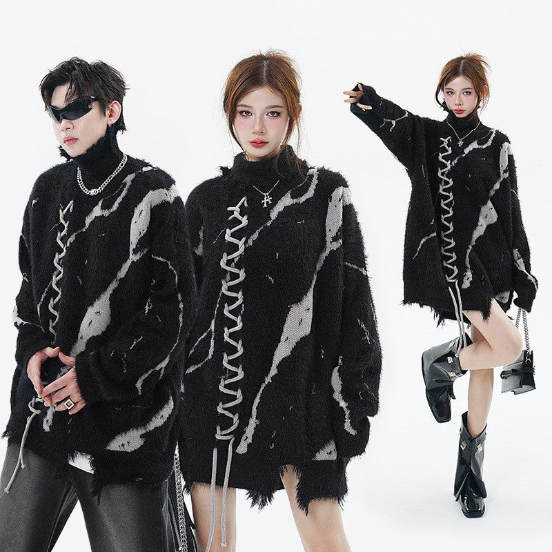 Ripped Design Jacquard Rope Turtleneck Sweater