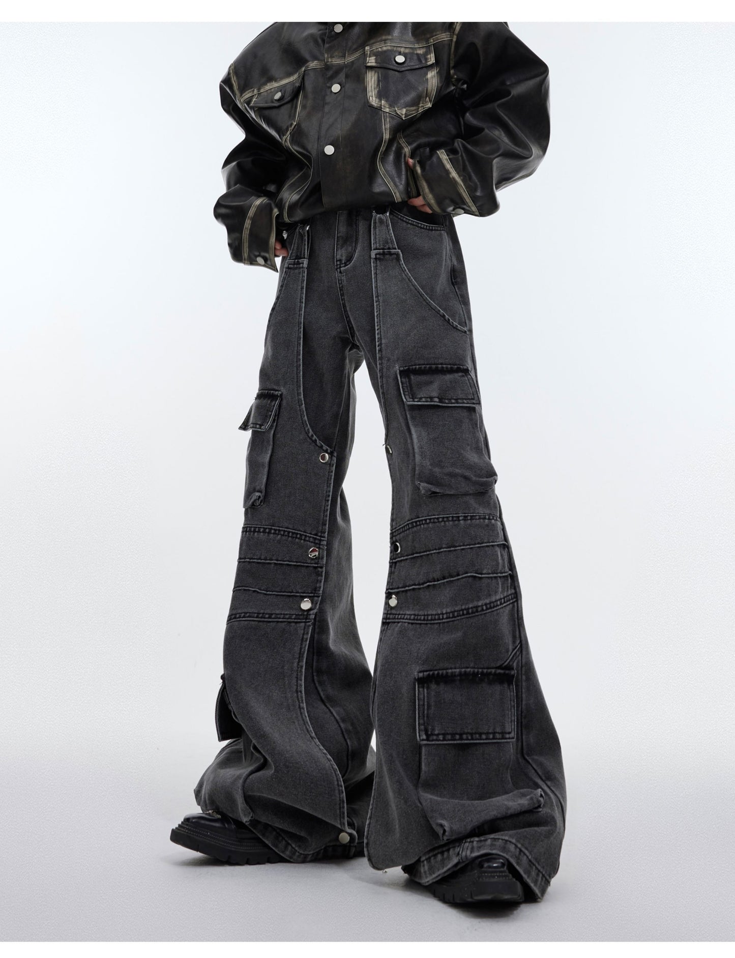 Large Pocket Design Vintage Distressed Loose-fitting Wide-leg Trousers Men