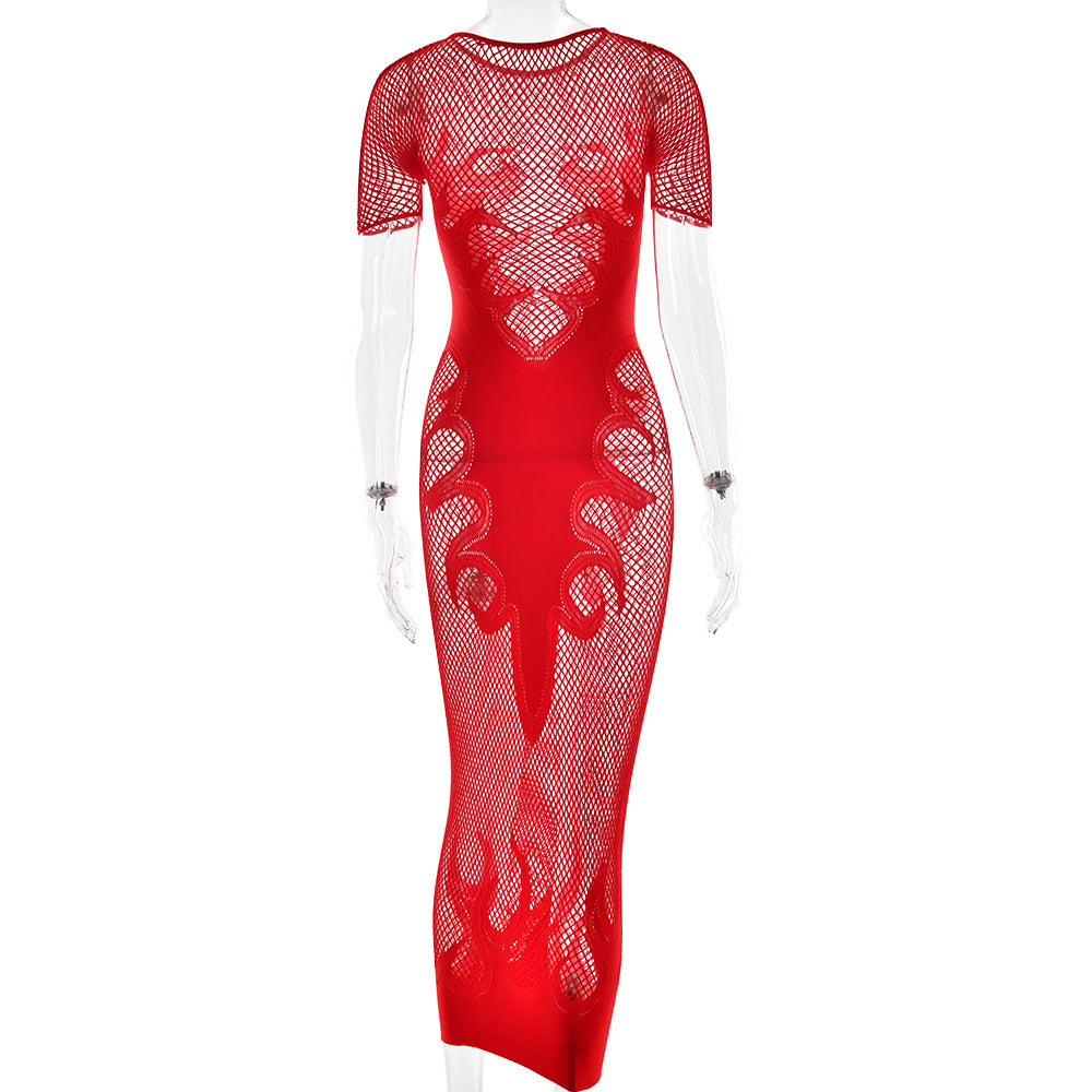 Flame Detail Fishnet Sexy Sheath Dress