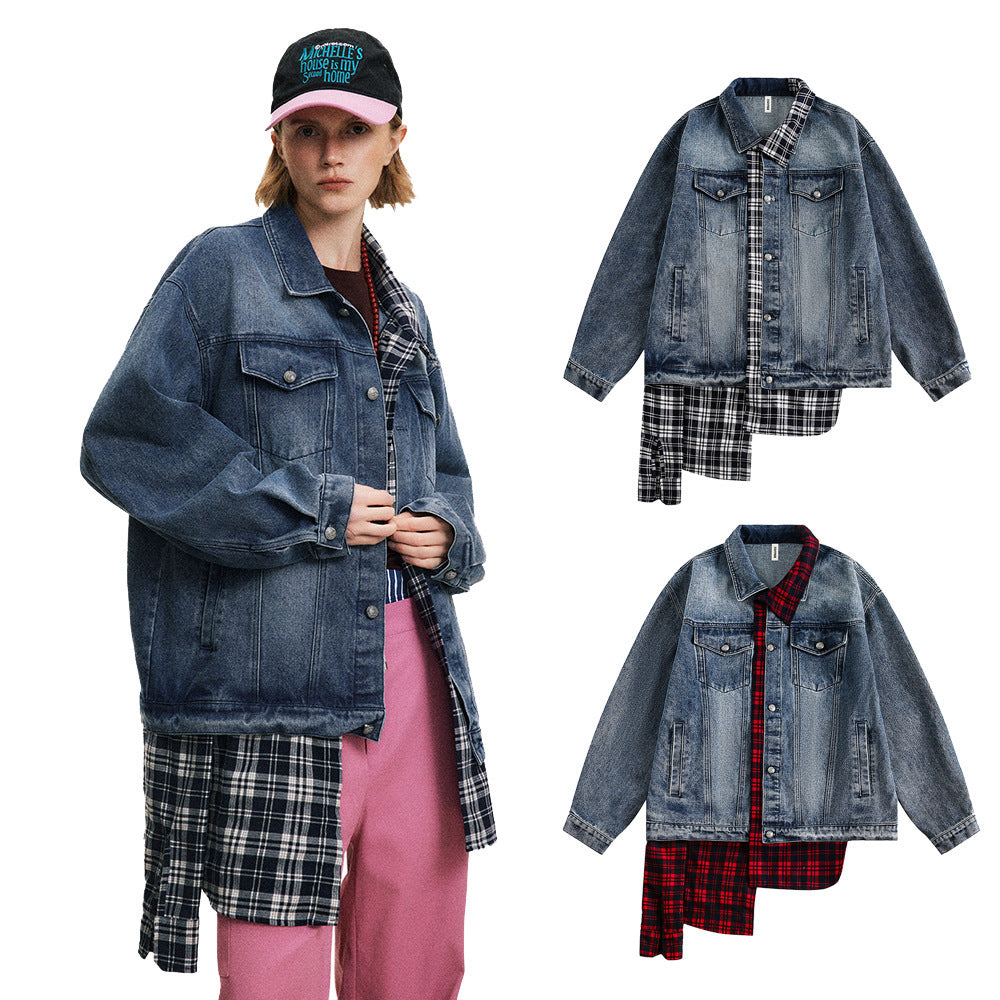 Giacca in denim a due pezzi con cuciture irregolari a quadri