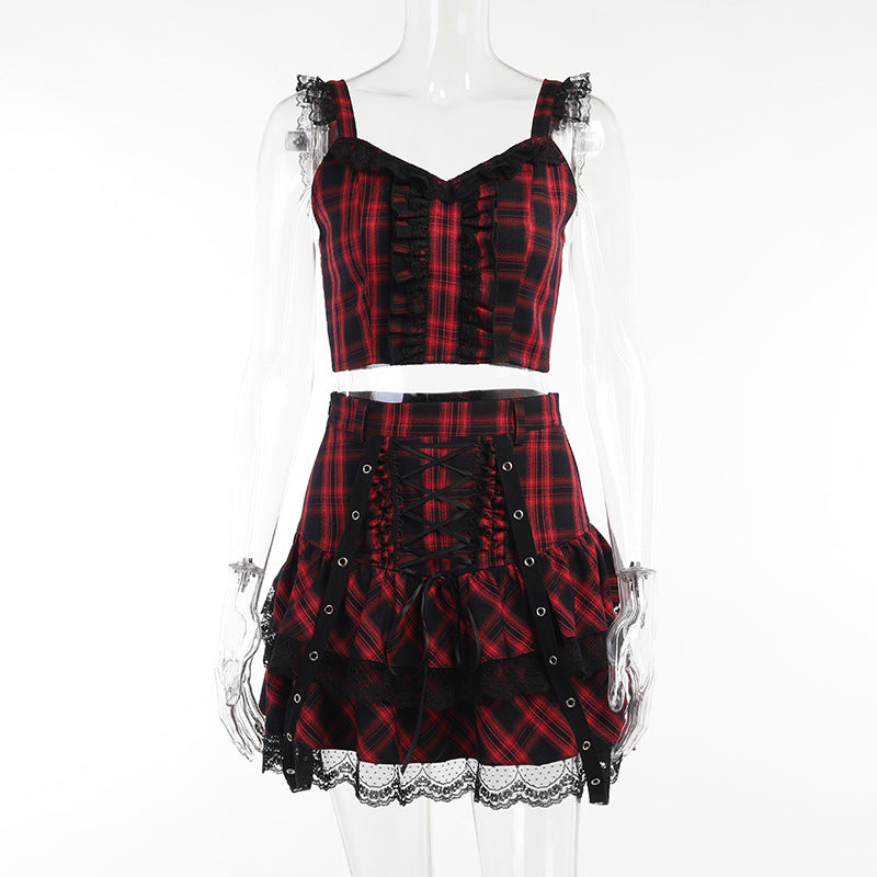 Dark Department Checkered Halter Lace Straps Pleated Skirt