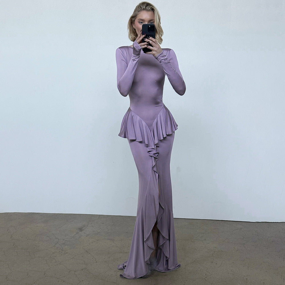 Backless Women Elegant Ruffles Slim Fit Dress