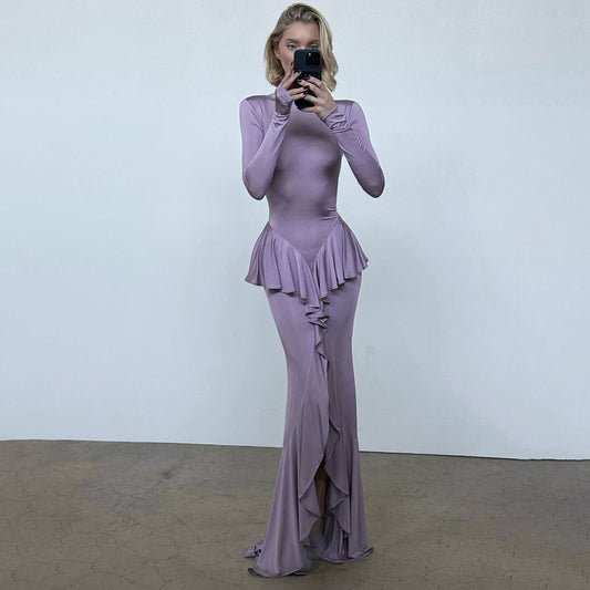 Backless Women Elegant Ruffles Slim Fit Dress