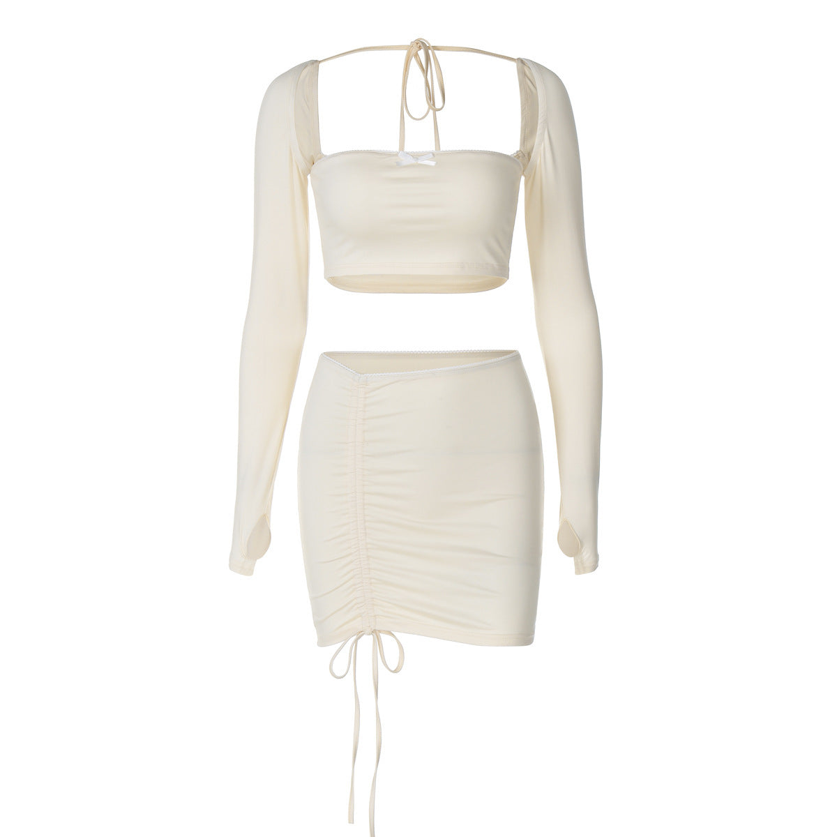 Jupe à manches longues avec cordon de serrage et nœud papillon, tailleur en dentelle européenne et américaine dos nu à manches longues et fermeture à crochet, coupe ajustée